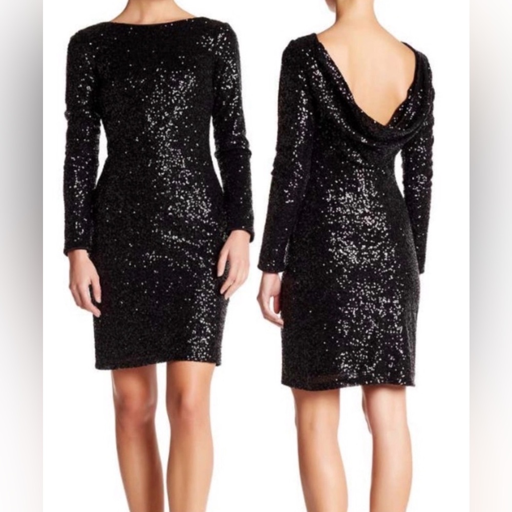Vince Sequin Long Sleeve Scoop Backed Drapes Black Bodycon Dress 6